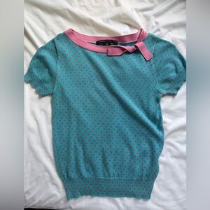 Marc Jacobs Teal Knit Top with Pink Trim and Polka Dots